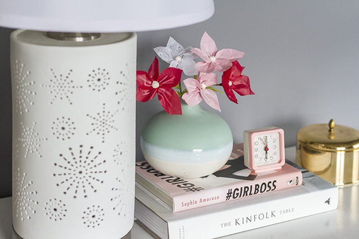 Paper flowers in a vase.