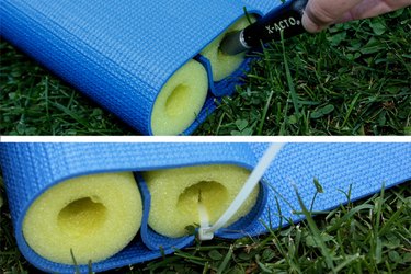 Cut a hole through the noodle and mat and secure the noodle to the mat with a cable tie.